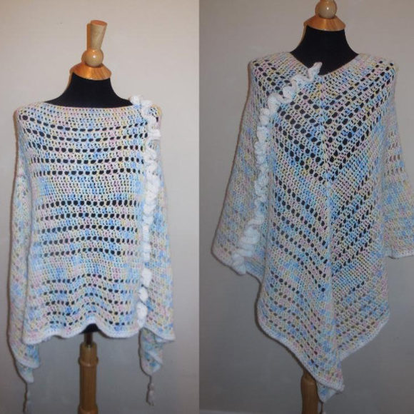 Handmade Poncho Crochet Rainbow Pastels Tussled - Picture 6 of 8